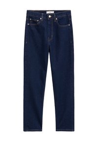Jean droite bleu marine avec fermeture à bouton et fermeture éclair à l'avant, passants de ceinture et cinq poches, posé à plat sur un fond blanc.