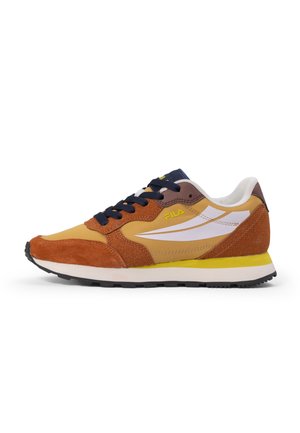 Brown and yellow suede and mesh sneaker with white accents, navy laces, padded collar, and textured rubber outsole. Flat profile design.