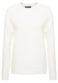 Witte gebreide trui met ronde hals, lange mouwen en een gestructureerde afwerking. De trui heeft een comfortabele pasvorm en is gemaakt van zacht materiaal.