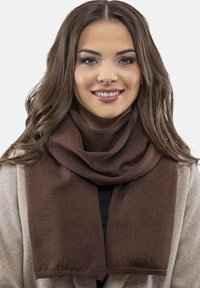 Écharpe en tricot brun, douce, avec un design lâche, soigneusement drapée. Texturée avec une finition lisse, sans motifs notables ni accents en matériel.