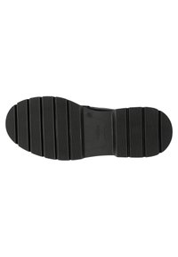 Semelle de chaussure en caoutchouc noir avec des rainures et des crêtes horizontales, dotée d'un bout arrondi et de tailles marquées. Texturée pour une bonne adhérence et durabilité.