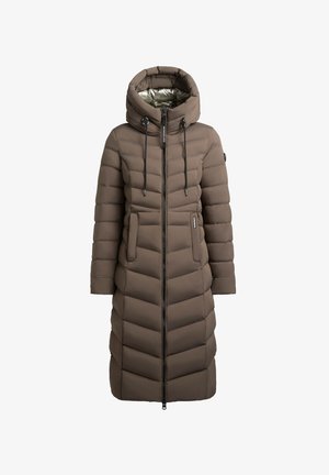 Cappotto lungo imbottito marrone con cappuccio staccabile, motivo verticale a righe, zip frontale e due tasche laterali. Fodera in materiale lucido.
