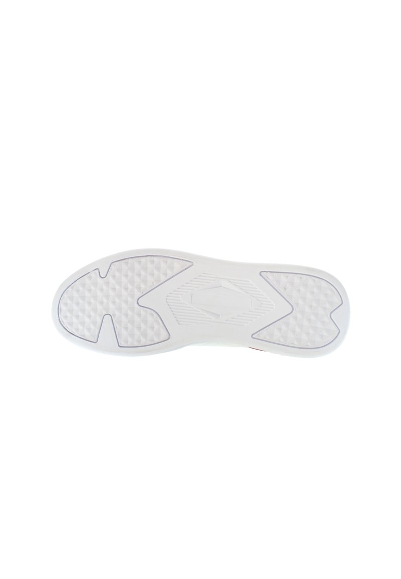 Sole di sneaker bianca con una texture a motivo diamante, caratterizzata da una superficie liscia e un marchio distintivo al centro.