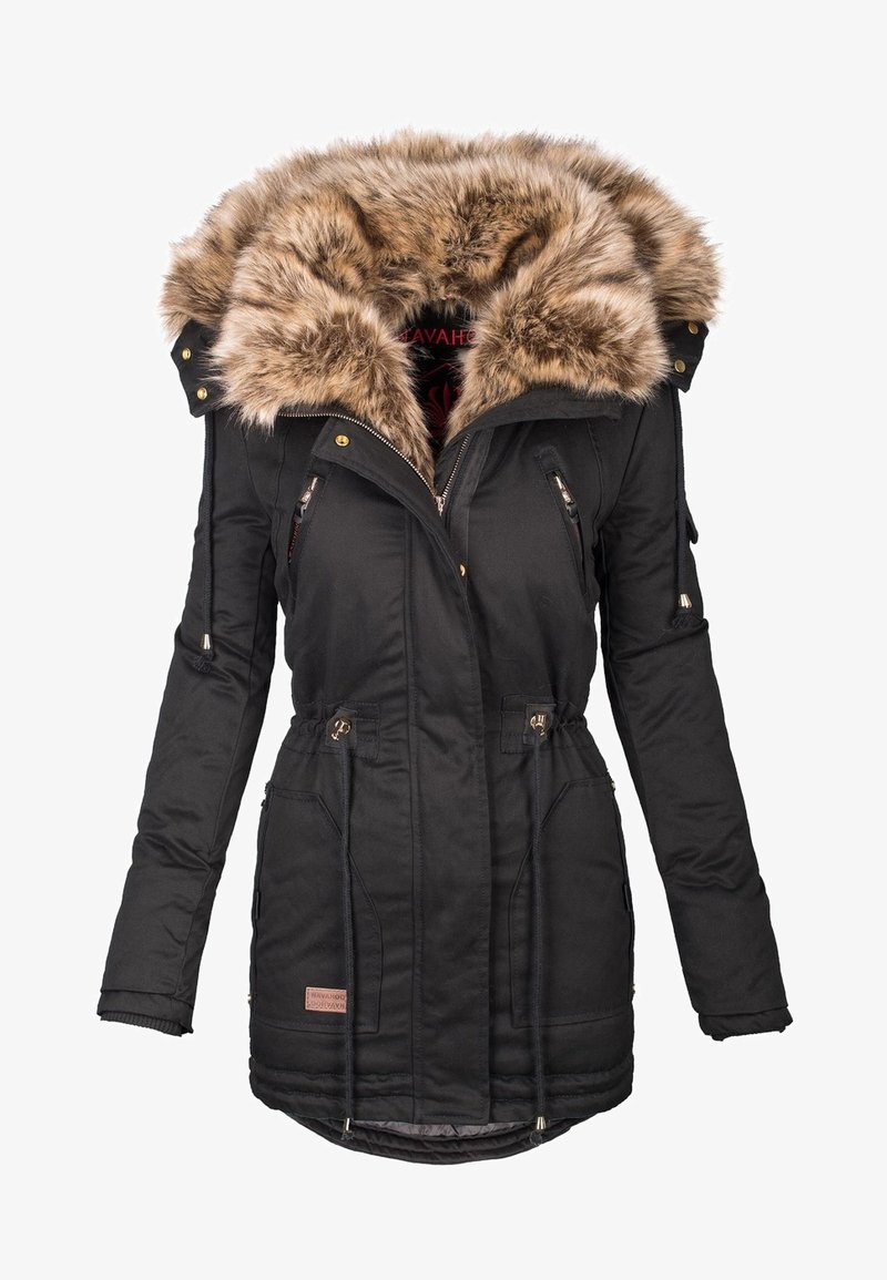 Schwarze Parkajacke mit Kapuze aus Kunstfell, Reißverschluss und Knopfverschlüssen, verstellbarem Taillenband und mehreren Reißverschlusstaschen. Texturiertes Material.