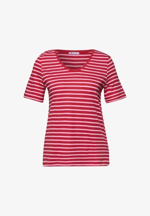 T-shirt à manches courtes rayé horizontalement rouge et blanc avec col rond, coupe ajustée et étiquette à l'intérieur du col.