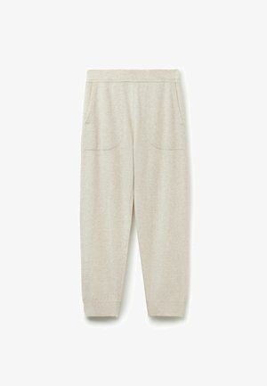 Helle graue Jogginghose aus weichem Material, mit zwei Fronttaschen, schmal zulaufenden Beinen und elastischem Bund. Lässiges Design mit glatter Textur.