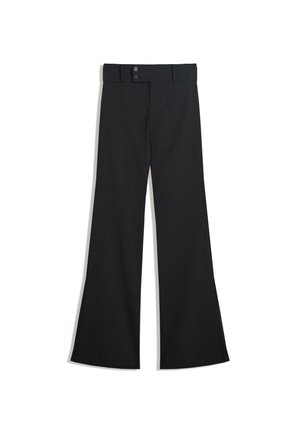 Pantaloni negri cu talie înaltă și croială largă, cu talie cu două nasturi și închidere frontală cu fermoar, afișați întinși pe un fundal alb.