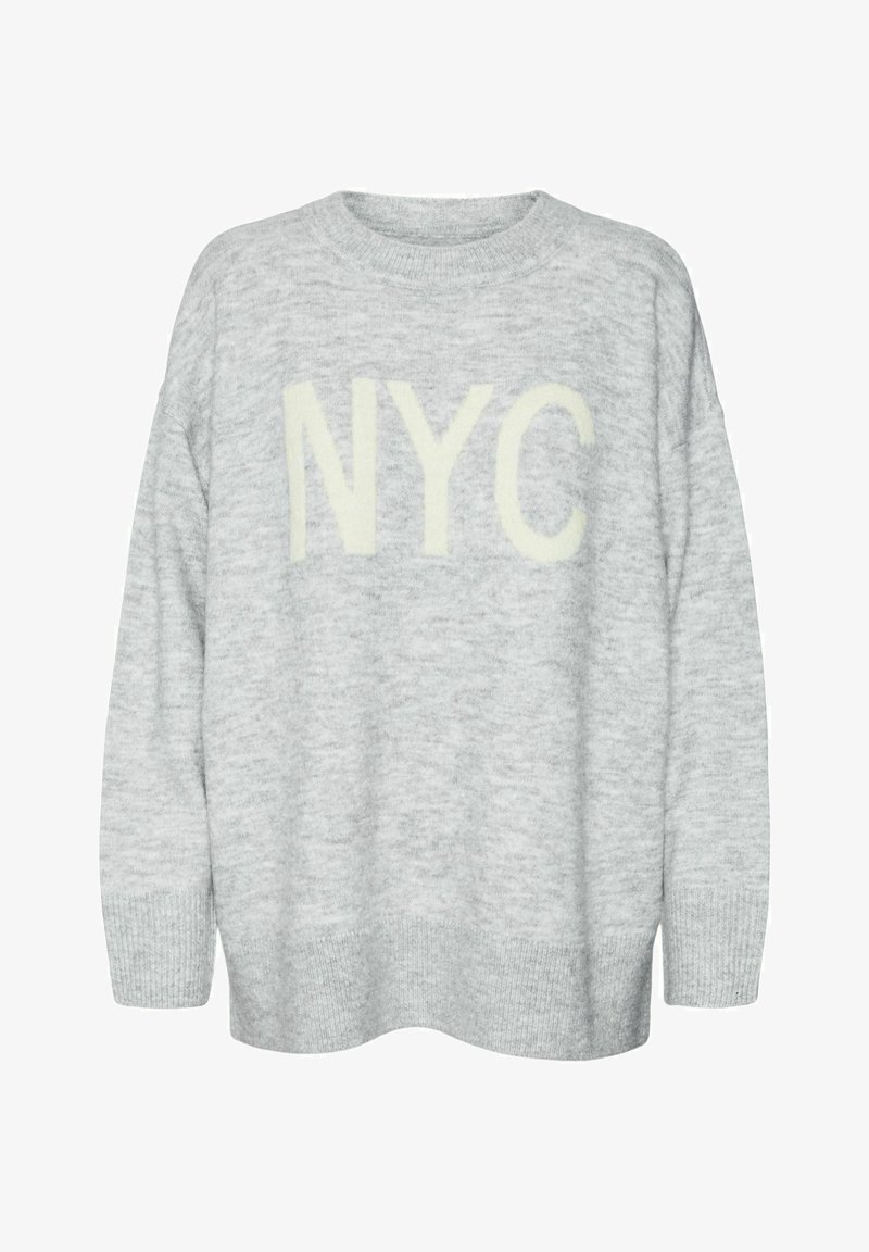 Gray sweater with a relaxed fit, knit fabric, featuring bold "NYC" lettering in pale yellow. Ribbed neckline and cuffs. Soft texture.