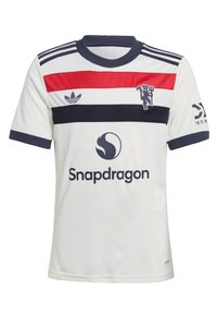 Maillot de football blanc avec des rayures horizontales rouges et navy. Il comprend un col navy, trois rayures noirs Adidas sur les épaules et des détails de logo.