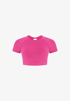 Top corto a maniche corte di colore rosa brillante, con scollo rotondo e apertura a forma di chiave dietro, realizzato in tessuto elasticizzato.