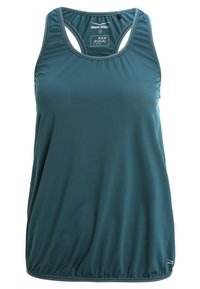 Teal träningstopp i mesh med en texturerad finish, med rund halsringning och racerback-design. Justerbar nederkant med subtilt varumärkeslogo längst ner.