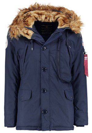 Marineblauer Parka mit gefütterter Kapuze aus Kunstfell, Druckknopfverschlüssen, zwei vorderen Taschen und einer Reißverschlusstasche auf der Brust. Verfügt über Kordelzüge und ein Logo-Patch.