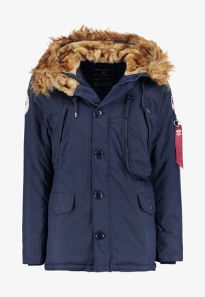 Marineblauer Parka mit gefütterter Kapuze aus Kunstfell, Druckknopfverschlüssen, zwei vorderen Taschen und einer Reißverschlusstasche auf der Brust. Verfügt über Kordelzüge und ein Logo-Patch.
