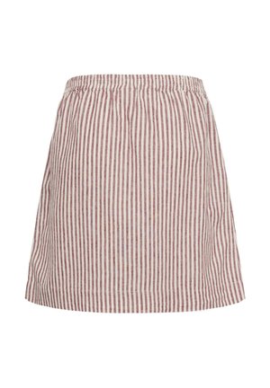 Jupe à taille élastique avec des rayures verticales rouges et blanches, longueur genou, en tissu léger.