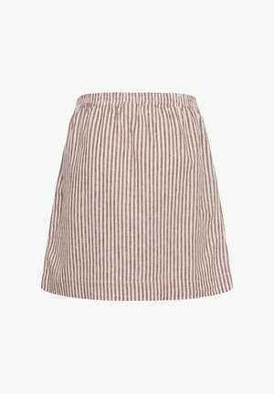 Jupe à taille élastique avec des rayures verticales rouges et blanches, longueur genou, en tissu léger.