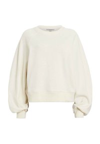 Sudadera corta color crema con cuello redondo, puños acanalados y mangas abullonadas. Textura suave con mínimos adornos.