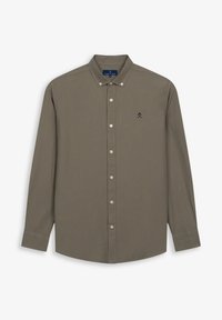 Camisa de algodón verde oliva de manga larga y botones. Cuenta con un cuello clásico, botones blancos y un pequeño logo bordado en el pecho.