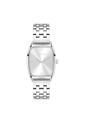 Silberne Metalluhr mit rechteckigem Ziffernblatt, ausgestattet mit einem gebürsteten silbernen Ziffernblatt, römischen Ziffern und einem Gliederarmband.