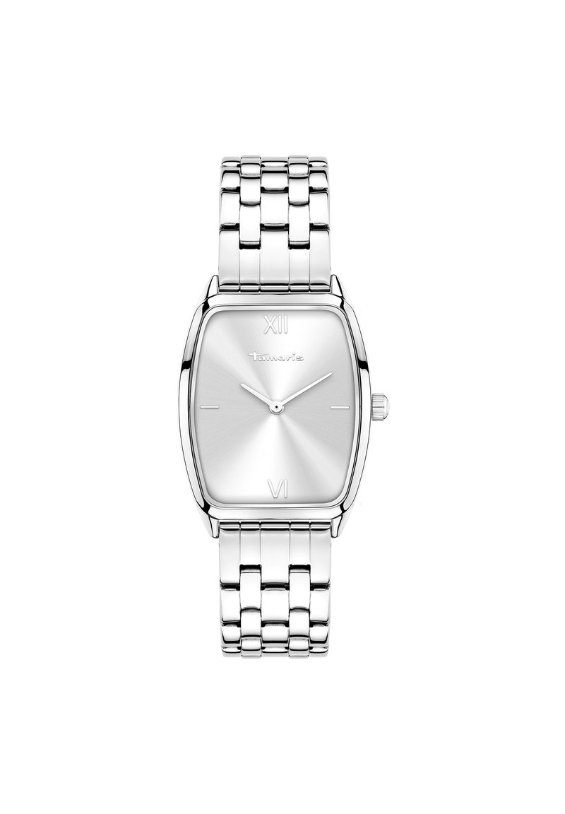 Silberne Metalluhr mit rechteckigem Ziffernblatt, ausgestattet mit einem gebürsteten silbernen Ziffernblatt, römischen Ziffern und einem Gliederarmband.
