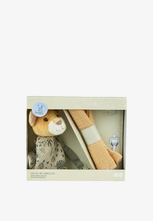 Kuschelsatz mit einem weichen, plüschigen Löwen mit gemustertem Körper und einem beigen Musselintuch, beides in einer dekorativen Box präsentiert.