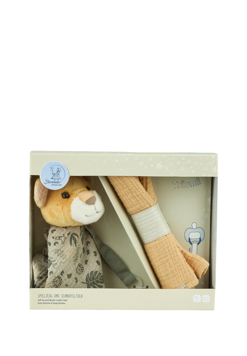 Cuddle set featuring a soft, plush lion with a patterned body and a beige muslin cloth, both presented in a decorative box.