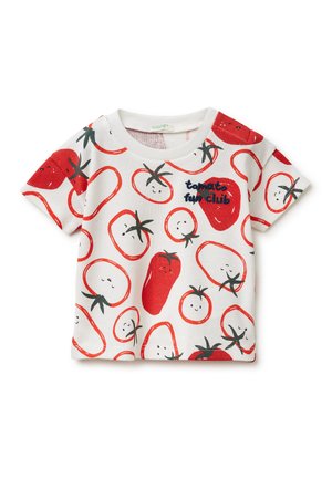 Weißes Kurzarm-Kinderhemd mit roten Tomatenscheiben und ganzen Tomaten mit lachenden Gesichtern sowie dem Text "Tomaten-Spaß-Club" vorne.