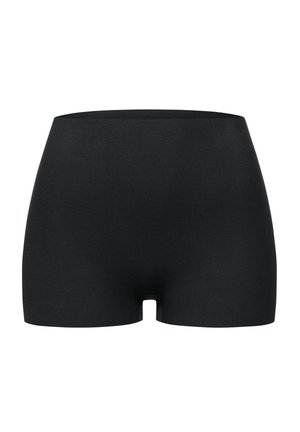 Shorts pour femmes noirs à taille haute, sans couture, avec une finition lisse et une longueur mi-cuisse.