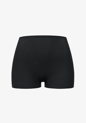 Zwarte naadloze high-waisted vrouwenonderbroeken shorts met een gladde afwerking en een lengte tot halverwege de dij.