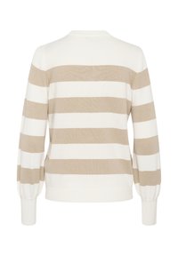 Sweter w paski w kolorze kremowym i beżowym, z okrągłym dekoltem oraz balonowymi rękawami, z prążkowanymi mankietami i dołem dla uzyskania tekstury.