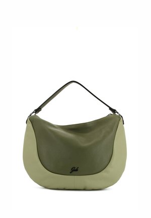 Borsa in pelle bicolore verde oliva con una singola tracolla nera e piccolo logo nero al centro davanti.