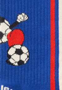 Πλεκτό μπλε ύφασμα με κάθετες κόκκινες και λευκές ρίγες και το πόδι ενός ποδοσφαιριστή που φορά κόκκινη κάλτσα να κλωτσάει μια ασπρόμαυρη μπάλα ποδοσφαίρου.