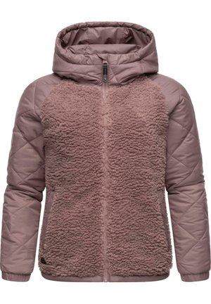 Gequilted jasje in een lichte mauve kleur, met een fuzzy, getextureerd voorpaneel en een capuchon, elastische manchetten en een centrale ritssluiting.