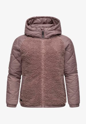 Vatteret jakke i en lys mauve farve, med et fuzzy, tekstureret forstykke og hætte, samt elastiske manchetter og en central lynlås.