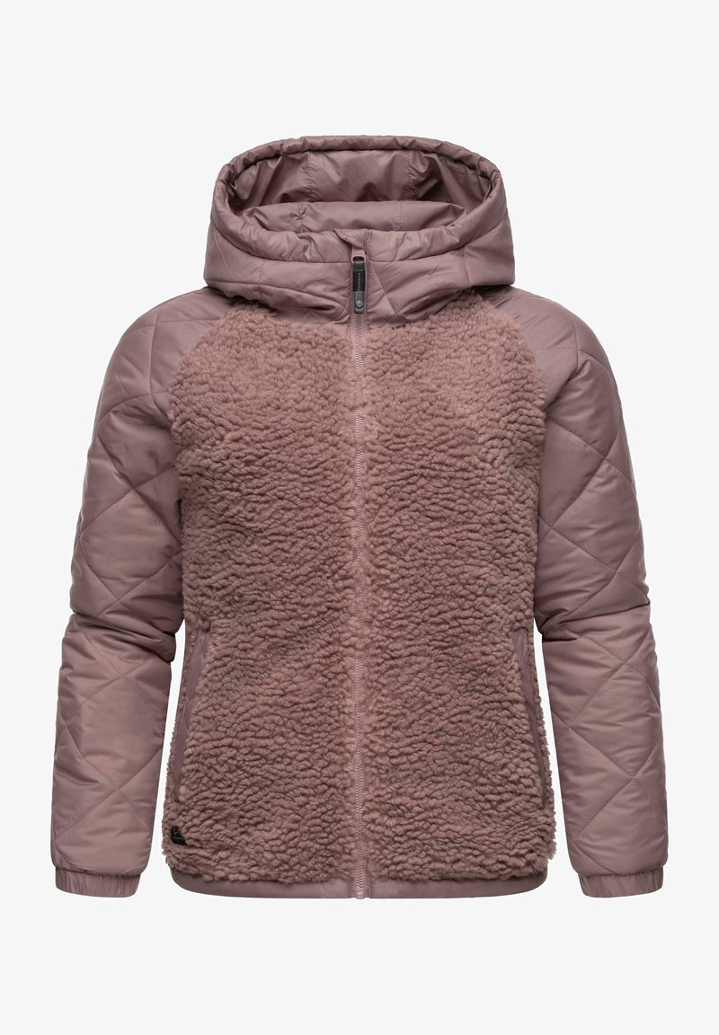 Quilted jacket with a light mauve color, featuring a fuzzy, textured front panel and a hood, with elastic cuffs and a central zipper.