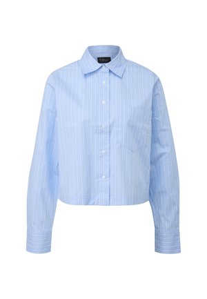 Camicia corta azzurro chiaro con righe bianche verticali, chiusura con bottoni, collo appuntito, maniche lunghe e una tasca sul petto. Tessuto dalla trama liscia.
