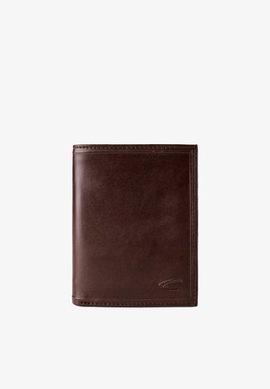 Donkerbruine leren tweevoudige portemonnee met zichtbare stiksels en een klein ingebrand logo in de rechterbenedenhoek.