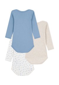 Tre body a manica lunga: uno blu chiaro, uno crema e uno bianco con motivo a cuori blu. Tutti presentano orli arrotondati e un tessuto morbido.