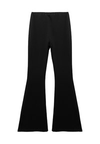 Pantaloni neri a palazzo realizzati in tessuto elastico. Presentano una vita alta e aperture ampie sulle gambe, offrendo una silhouette slanciata.