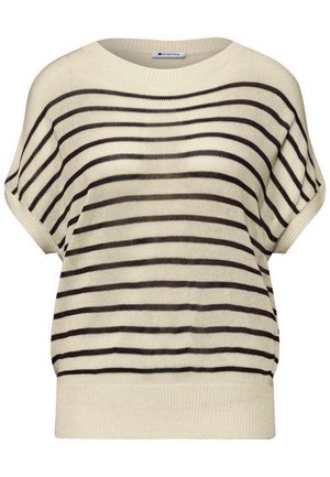 Beżowy sweter z krótkim rękawem z czarnymi poziomymi paskami i szerokim prążkowanym dołem i dekoltem, wykonany z dzianiny.