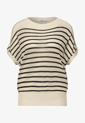 Beżowy sweter z krótkim rękawem z czarnymi poziomymi paskami i szerokim prążkowanym dołem i dekoltem, wykonany z dzianiny.