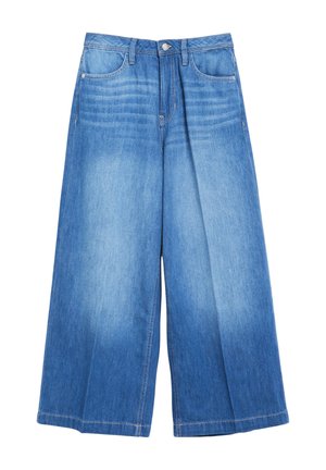 Weit geschnittene blaue Jeans aus Denim mit ausgewaschenem Look, Vordertaschen, Gürtelschlaufen und Knopfverschluss an der Taille.