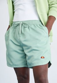 Light green, elastic waistband shorts with side pockets and a small embroidered logo on the left side. Smooth, lightweight fabric.