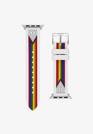 Biały silikonowy pasek do zegarka z poziomymi, wielokolorowymi paskami (czerwonym, żółtym, zielonym, niebieskim) oraz srebrną metalową klamrą. Posiada szczegół z logo.