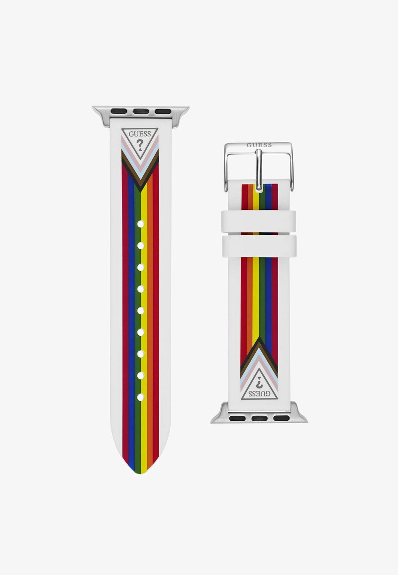 Bracelet de montre en silicone blanc avec des rayures multicolores horizontales (rouge, jaune, vert, bleu) et une boucle en métal argenté. Présente un détail de logo.