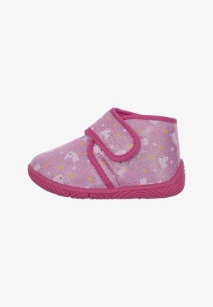 Chausson rose pour enfants avec des motifs de licorne et d'étoiles, équipé d'une fermeture velcro et d'une semelle en caoutchouc texturée.