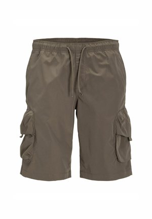 Khaki Cargo-Shorts aus leichtem Material. Mit elastischem Bund und Kordelzug sowie zwei Seitentaschen, eine an jedem Bein.