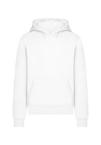 White hoodie made of soft fabric, featuring a large front pocket, adjustable drawstring hood, and ribbed cuffs and hem.