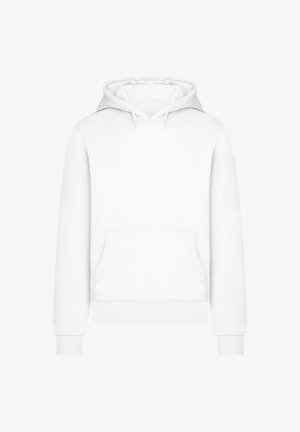 White hoodie made of soft fabric, featuring a large front pocket, adjustable drawstring hood, and ribbed cuffs and hem.