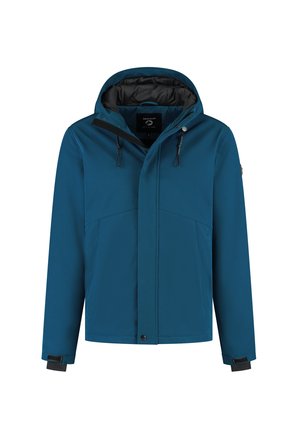 Blaues Kapuzenjacke mit vorderem Reißverschluss, Druckknöpfen, einstellbaren Kapuzenzugbändern und Klettverschluss-Handgelenkriemen.