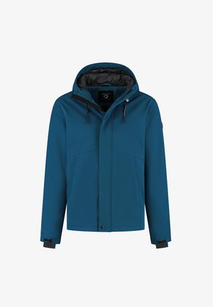 Blauwe hoodie met voorsluiting met rits, drukknoop, verstelbare capuchon met trekkoorden en klittenband polsbanden.